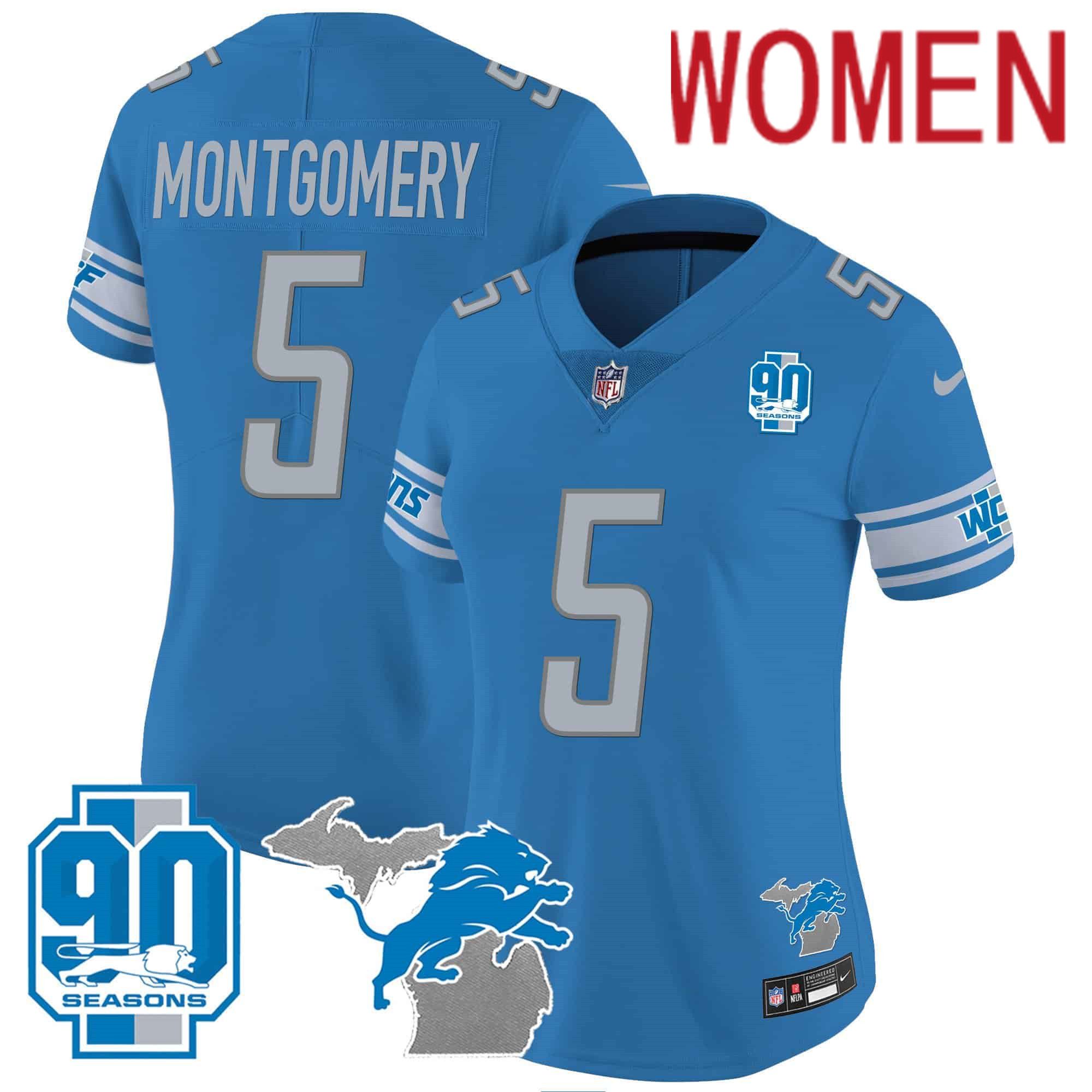 Women Detroit Lions #5 Montgomery Blue 2024 Nike 90th Year Michigan Patch Vapor NFL Jersey style 1->customized nfl jersey->Custom Jersey